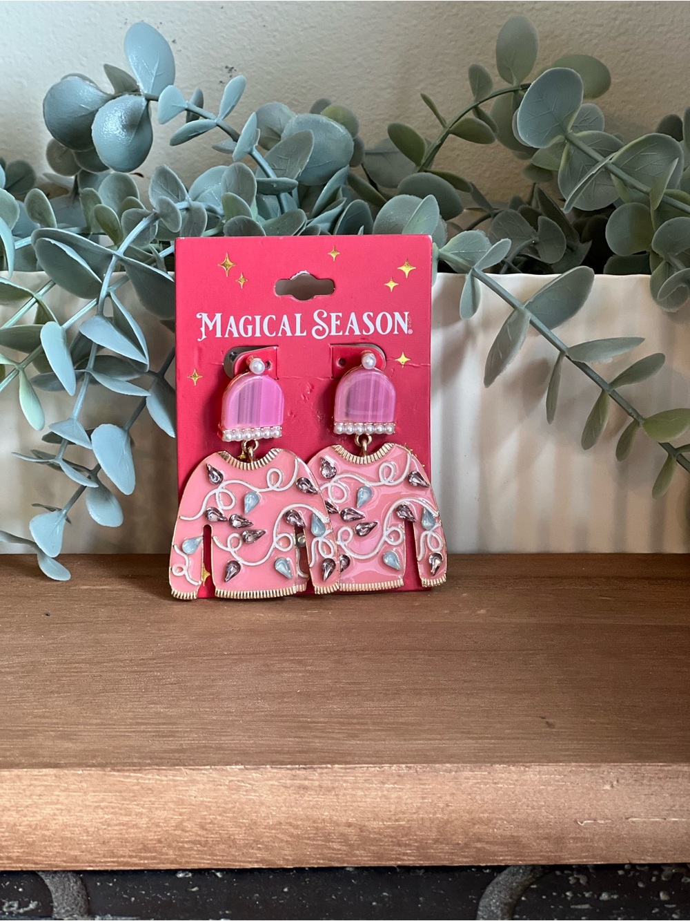 Pink Holiday Sweater Drop Earrings